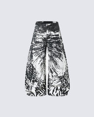 Monochrome Abstract Graphic Wide Leg Denim Pants