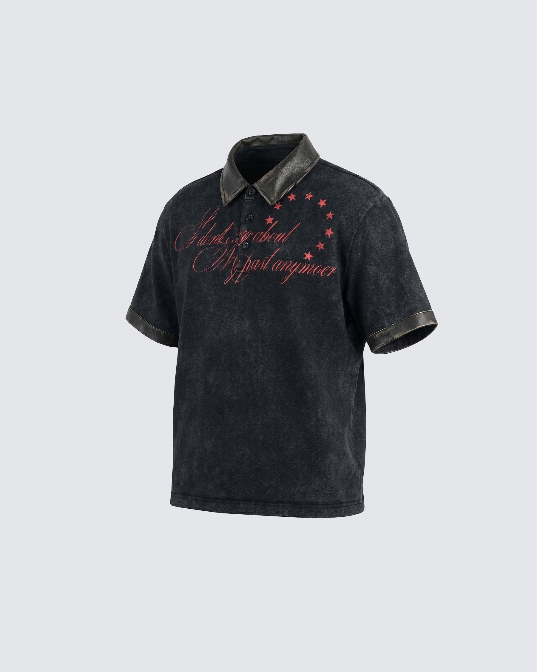 KIIKIO -New Vintage Washed Letter Print Polo Shirt