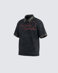 KIIKIO -New Vintage Washed Letter Print Polo Shirt
