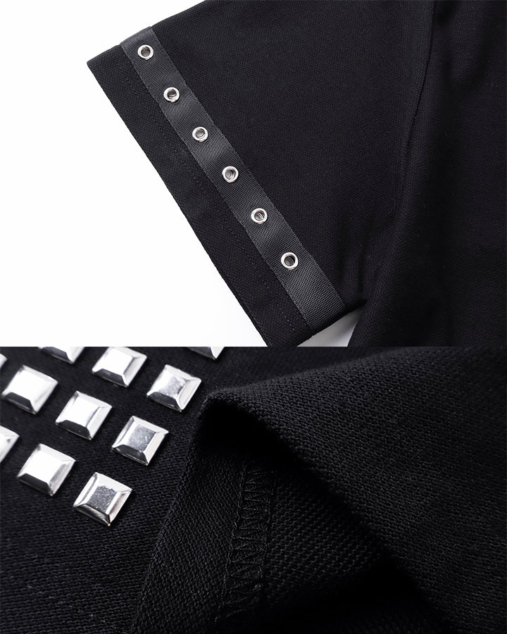 Dark Gothic Studded Cross Cropped Polo Shirt New