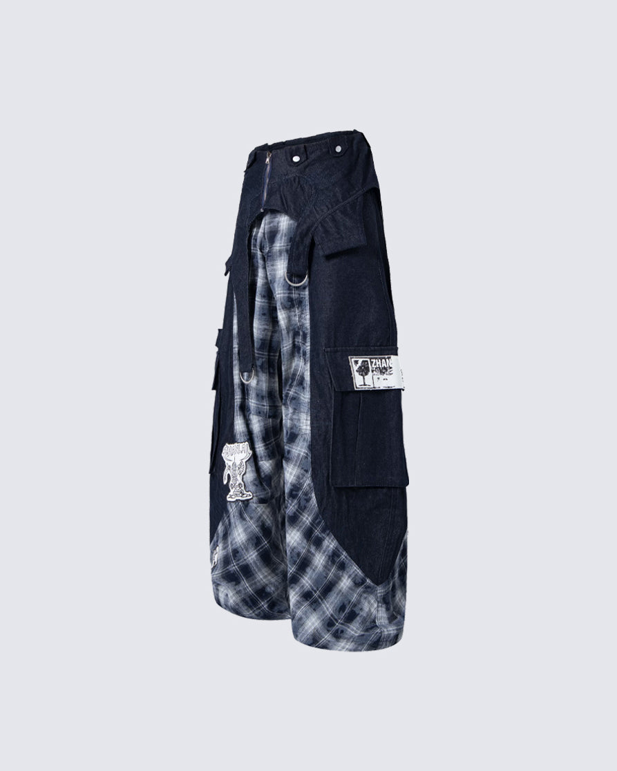 New Layered Plaid Cargo Wide-Leg Pants