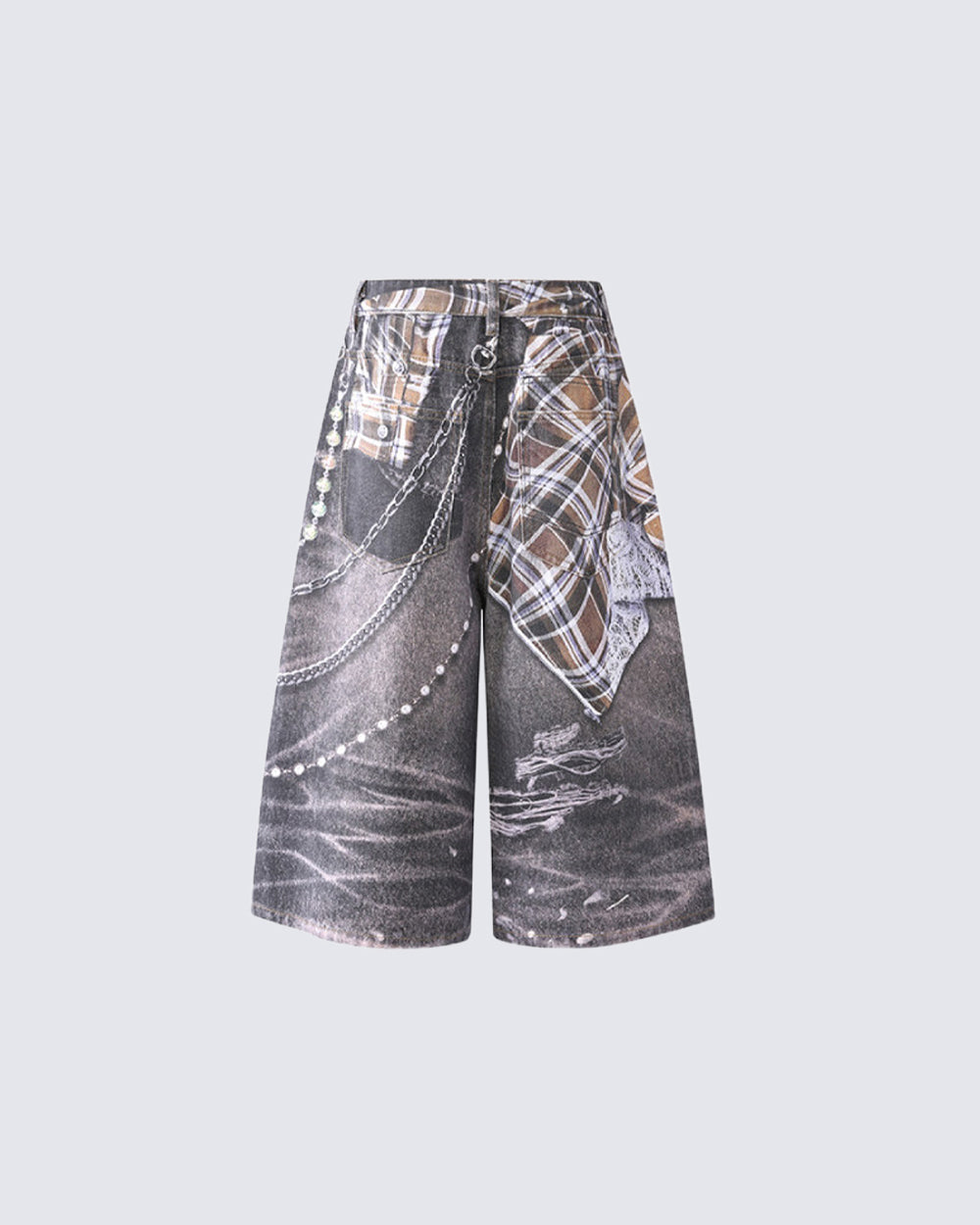 Wasteland Plaid Chain Print Wide Denim Shorts
