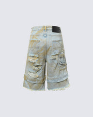 Layered Distressed Raw Hem Denim Shorts