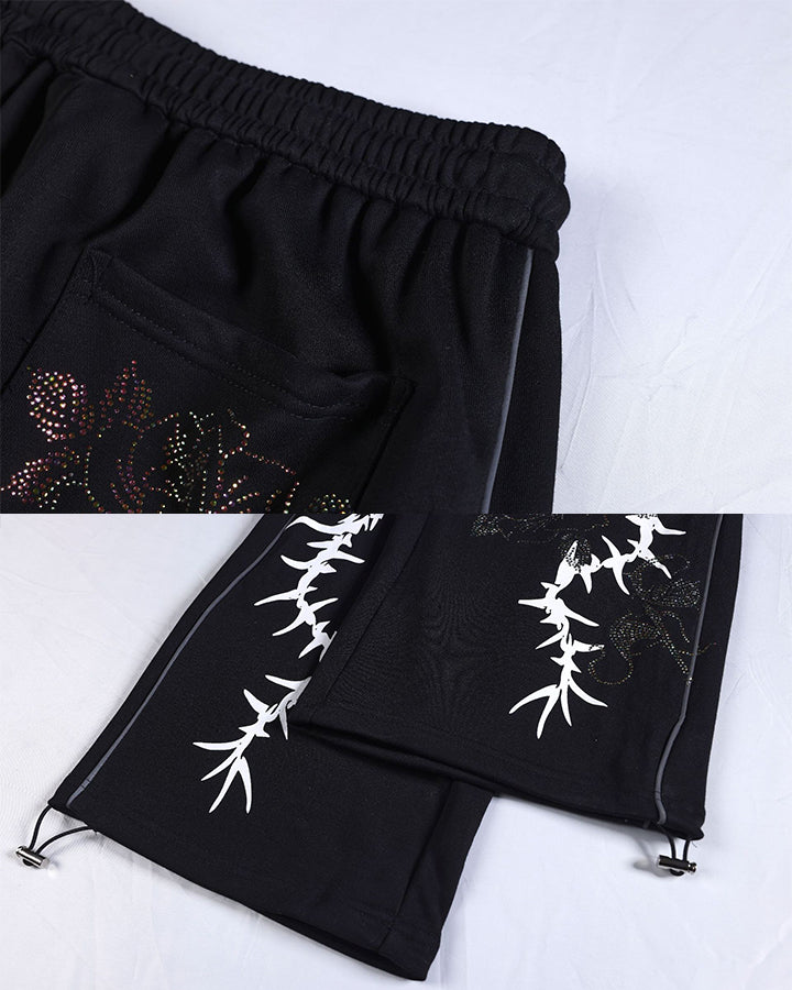 Y2K Dark Dragon Rose Rhinestone Straight Leg Sweatpants