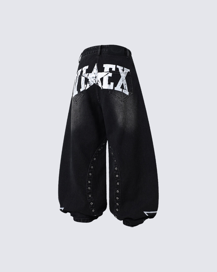 Oversized Star Print Wide Leg Denim Pants