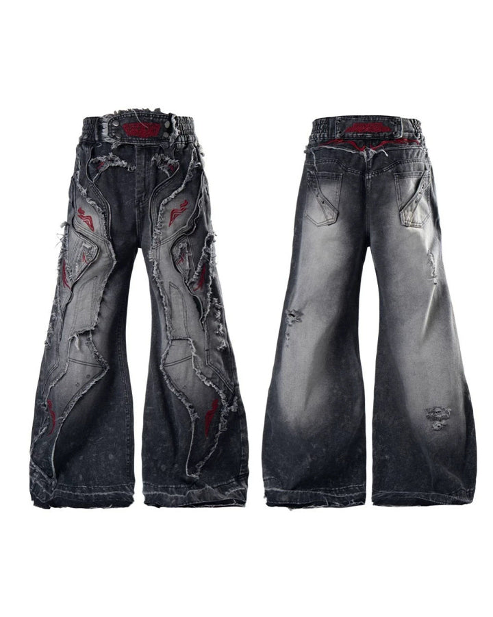 New Dark Washed Red Embroidery Flared Denim Jeans