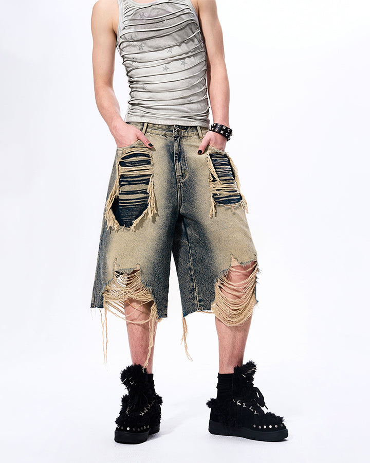 New Vintage Grunge Layered Ripped Denim Shorts