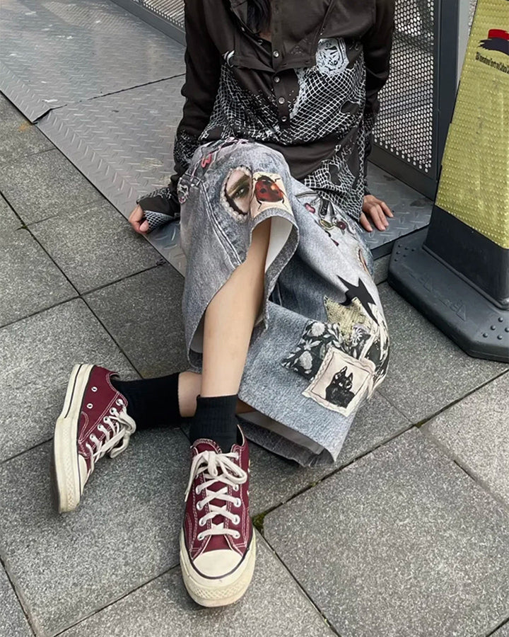 American Y2K Patchwork Denim Shorts