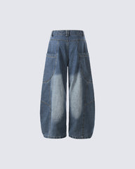 Washed Panel Design Loose Fit Denim Pants