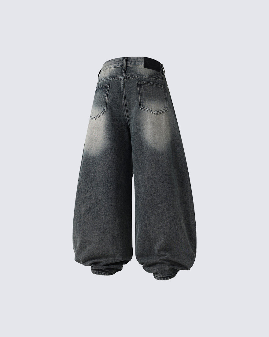 Washed Rhinestone Balloon Leg Jeans