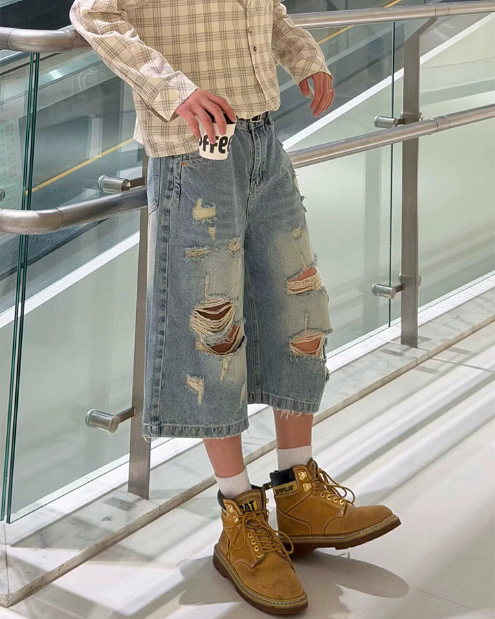 New Light Wash Distressed Wide Denim Shorts