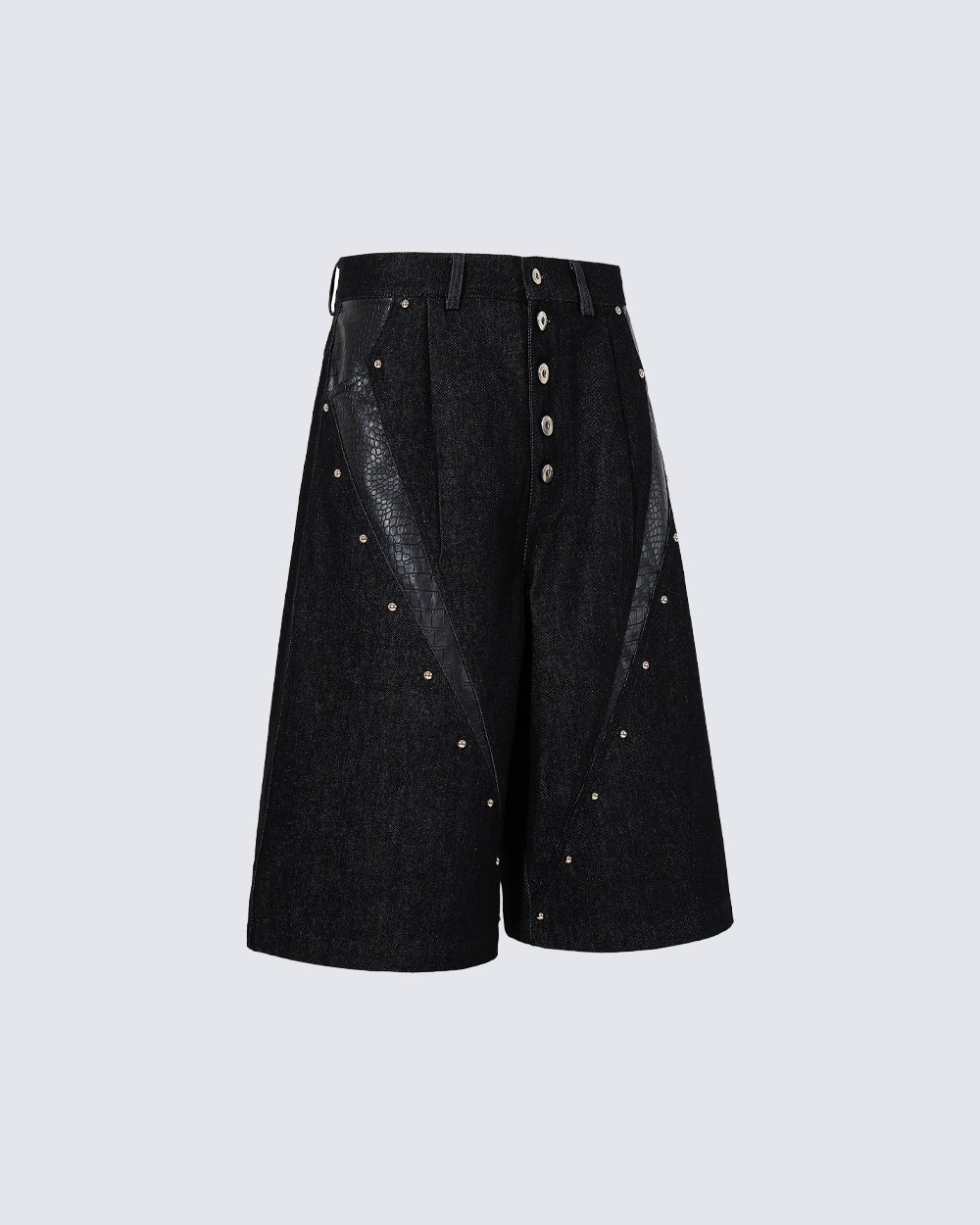 Deconstructed Wide Leg Faux Leather Denim Shorts