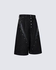 Deconstructed Wide Leg Faux Leather Denim Shorts