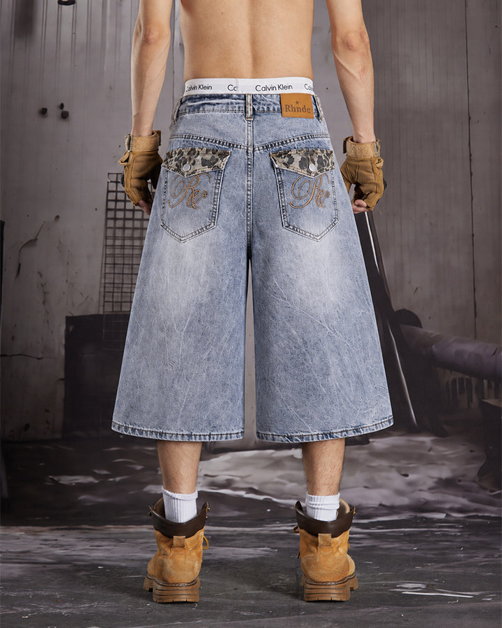 Punk Leopard Patch Embroidered Wide Denim Shorts