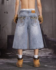 Punk Leopard Patch Embroidered Wide Denim Shorts
