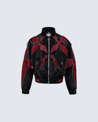Black and Red Crocodile-Patterned Leather Patchwork Jacket
