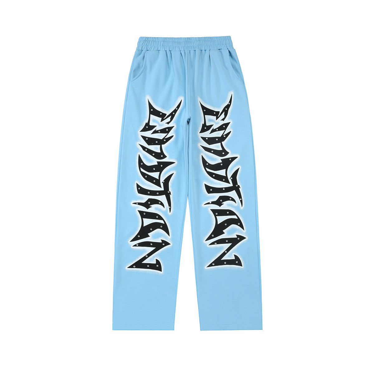 Mixed Emotions Light Blue Studded Graffiti Straight Sweat Pants