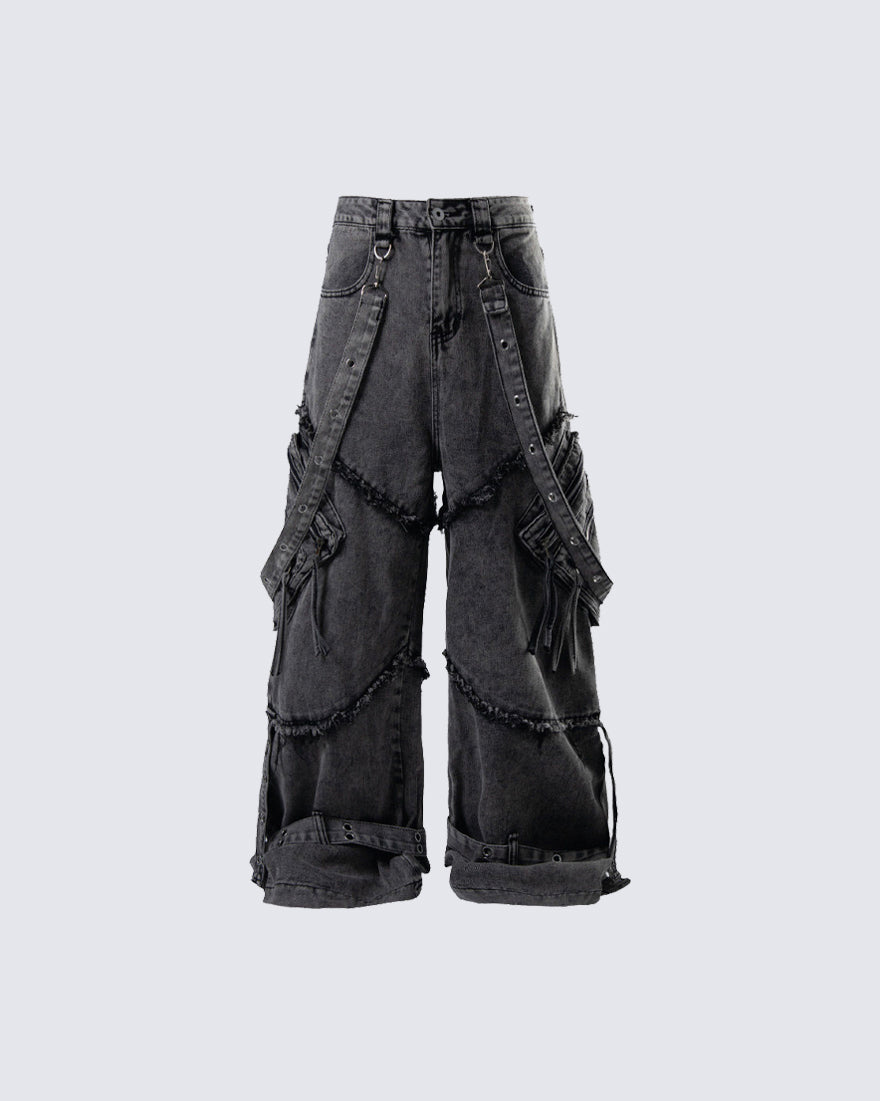 Detachable Strap Dark Heavy Deconstructed Jeans