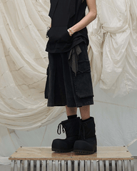 Washed Cargo Denim 8/10 Pants w/ Detachable Bandana-Black