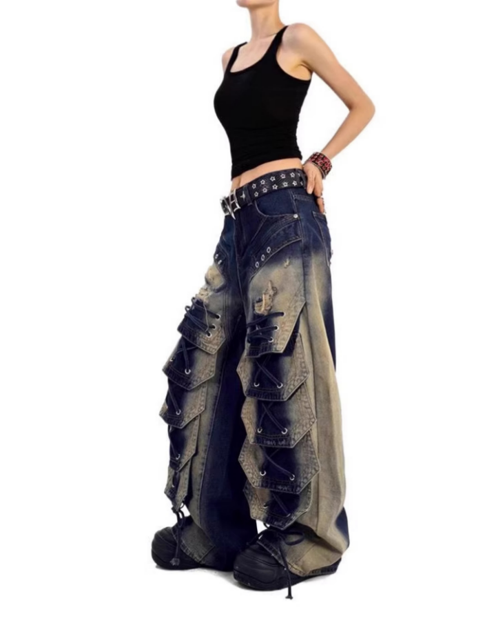 Distressed Layered Cargo Pants With Lacing