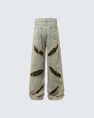 Post-Apocalyptic Printed Distressed Floor-Length Jeans