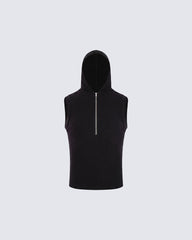 New Dark Ribbed Hooded Sleeveless Zip Knit Top