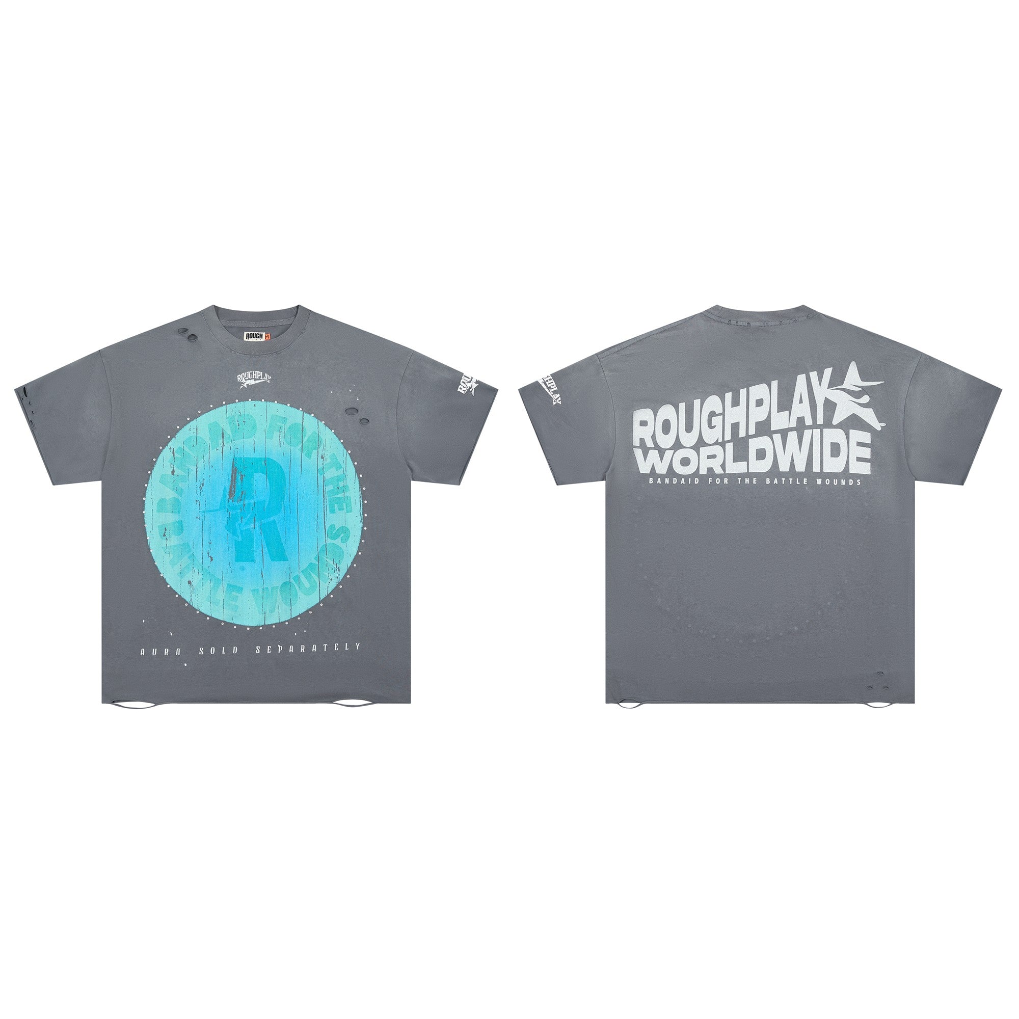 Roughplay Worldwide Circular Gradient Logo Double‑Sided Distressed Tee