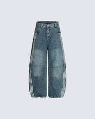 Striped Panel Wide-Leg Denim Pants
