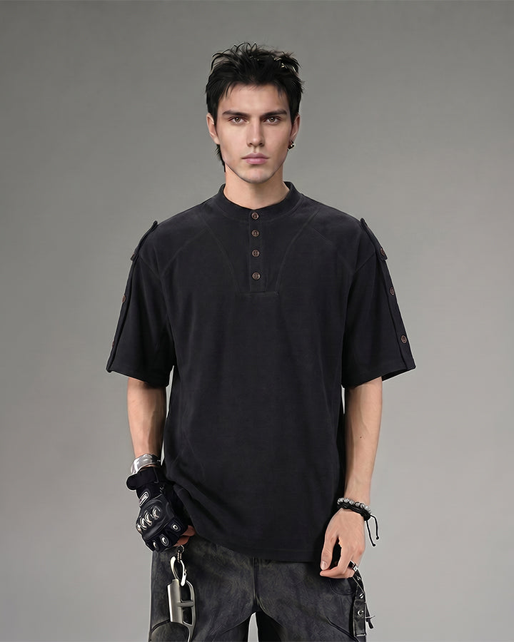 Utility Vintage Contrast Stitch Button Henley New Tee