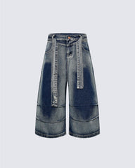 American High-Street Belted Wide-Leg Denim Shorts