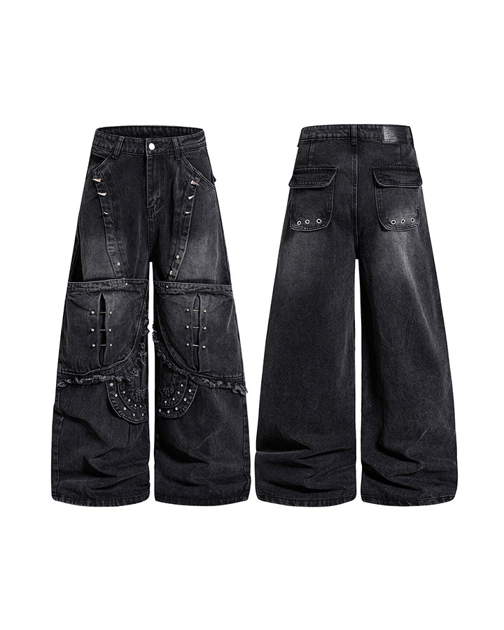Dark Punk Deconstructed Rivet Panel Denim Pants