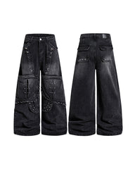 Dark Punk Deconstructed Rivet Panel Denim Pants