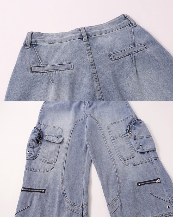 High-Street Multi-Pocket Straight-Leg Denim Pants