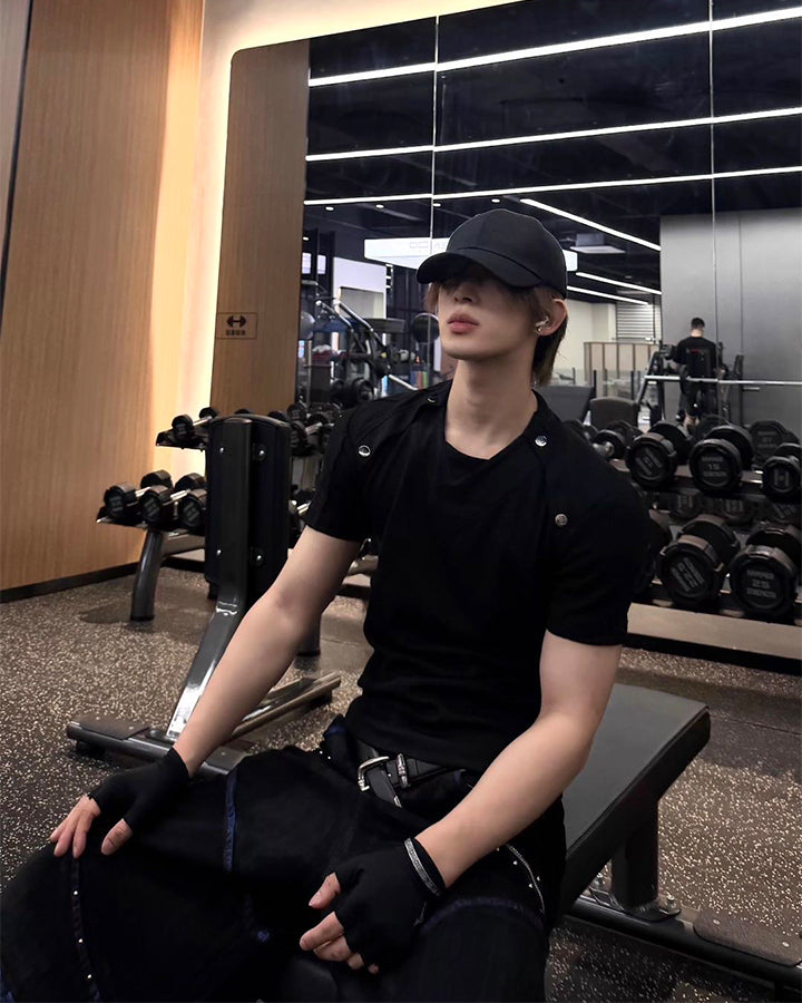 New Black Rivet Shoulder Spliced Slim Fit T-Shirt