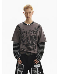 Gray-Black Distressed Graffiti Layered Sweatshirts