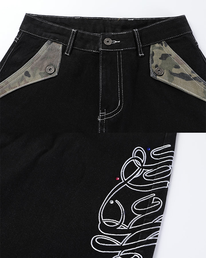 Vintage Camo Panel Wide Leg Denim Pants