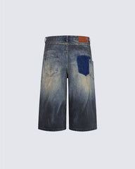 Vintage Distressed Washed Denim Cropped Shorts