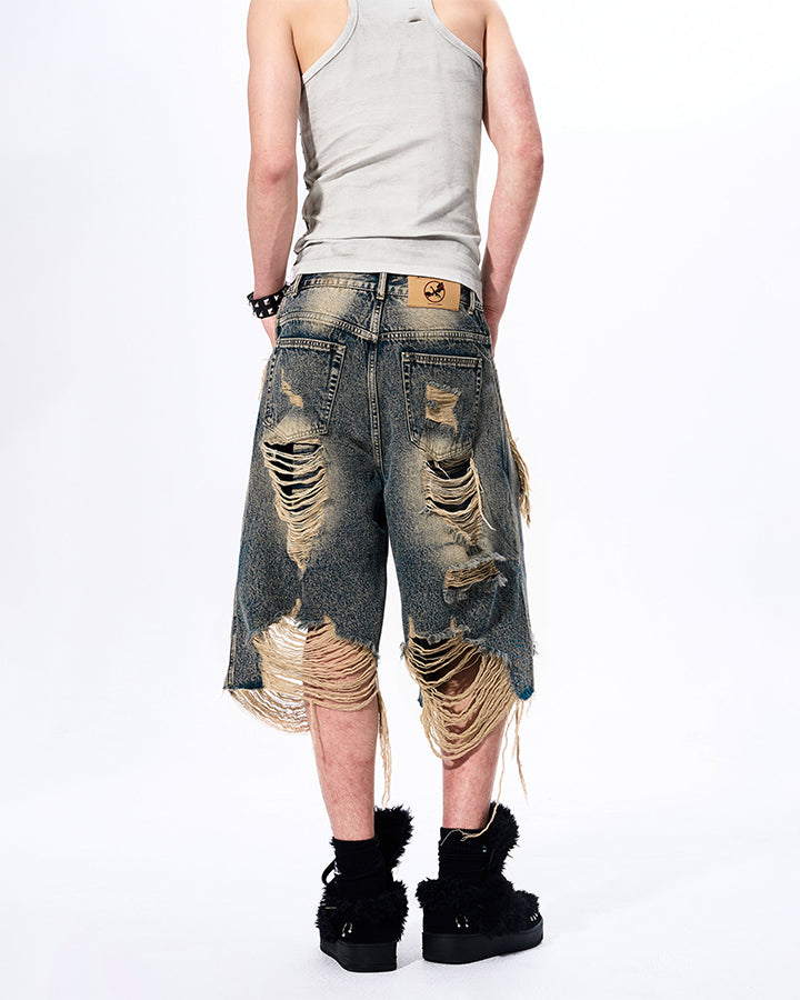 New Vintage Grunge Layered Ripped Denim Shorts