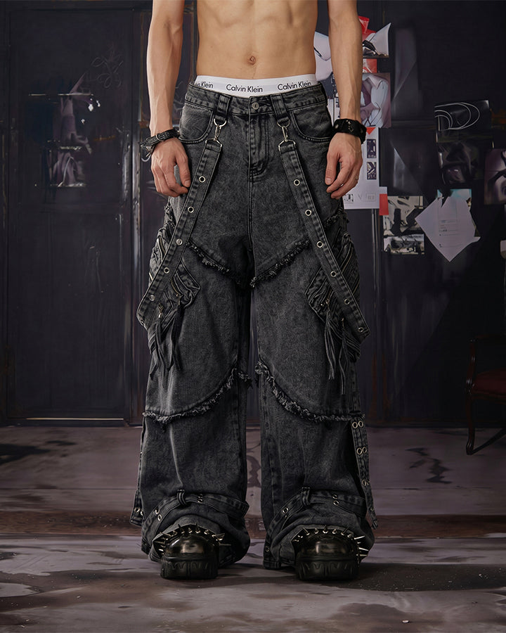 Detachable Strap Dark Heavy Deconstructed Jeans