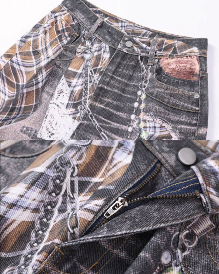 Wasteland Plaid Chain Print Wide Denim Shorts