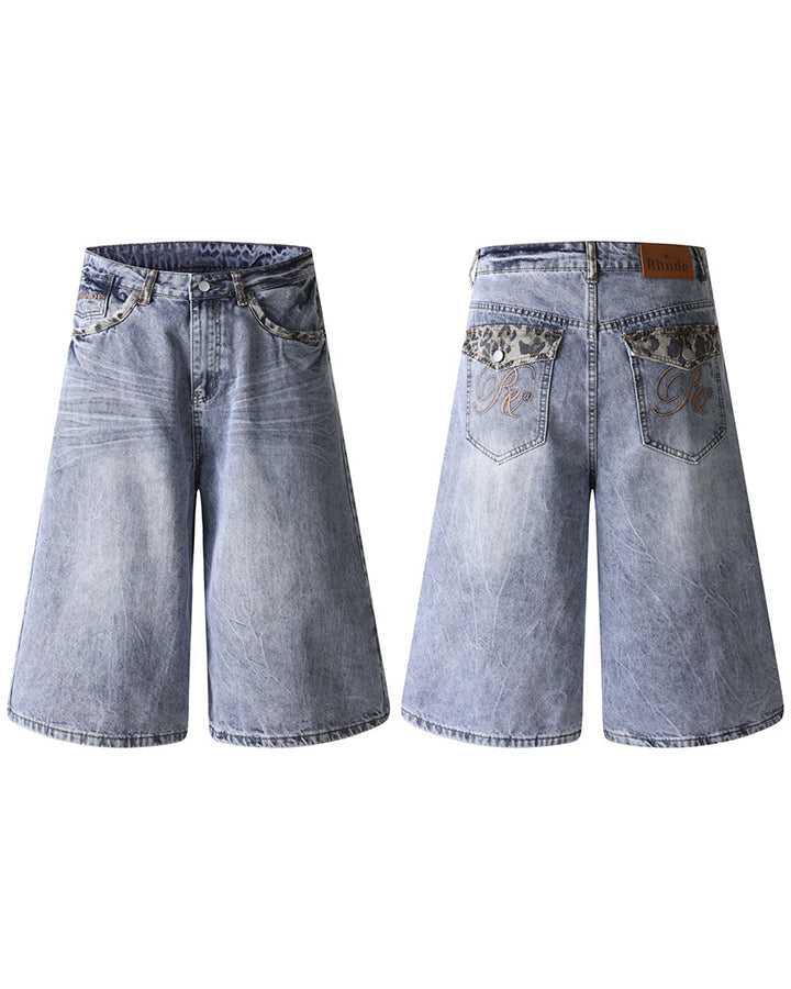 Punk Leopard Patch Embroidered Wide Denim Shorts