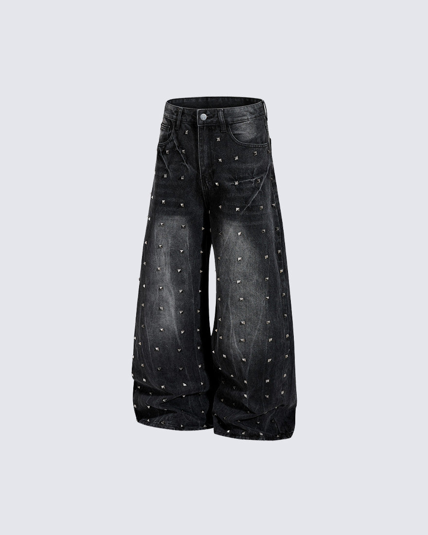 Punk Wide-Leg Denim Pants With Studs