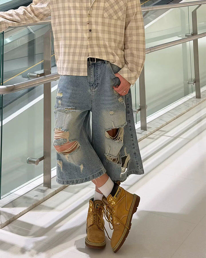 New Light Wash Distressed Wide Denim Shorts
