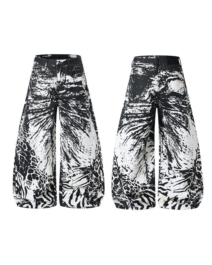 Monochrome Abstract Graphic Wide Leg Denim Pants