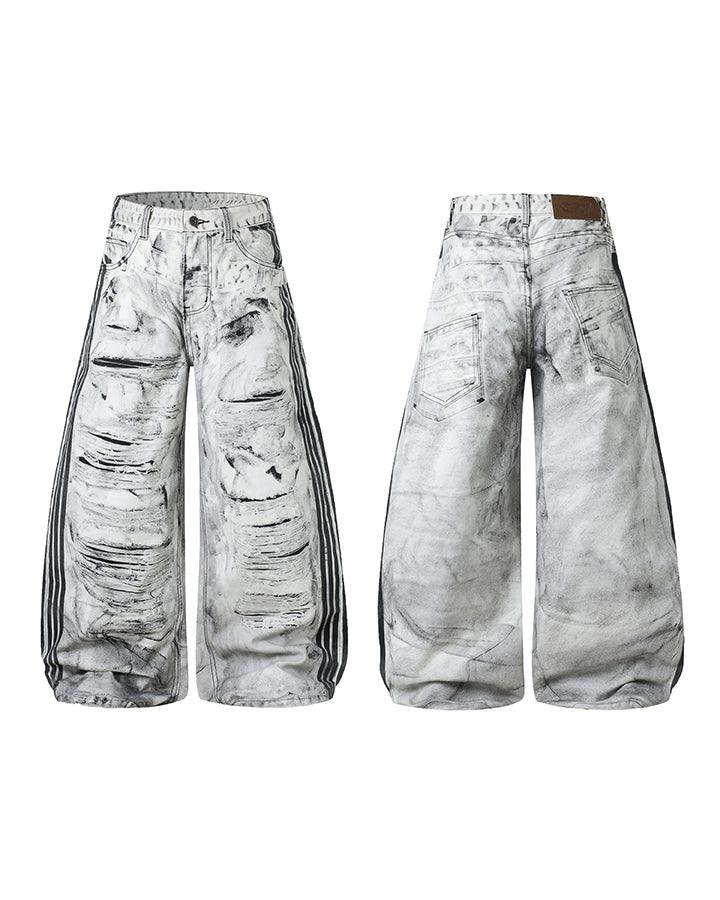 Wasteland Distressed Wide Leg Striped Denim Pants