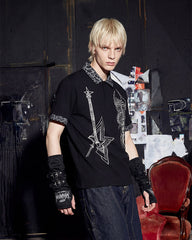 Dark Punk Leopard-Collar Graphic Polo Shirt