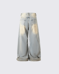 Wide-Leg Denim Jeans with Buttoned Hem
