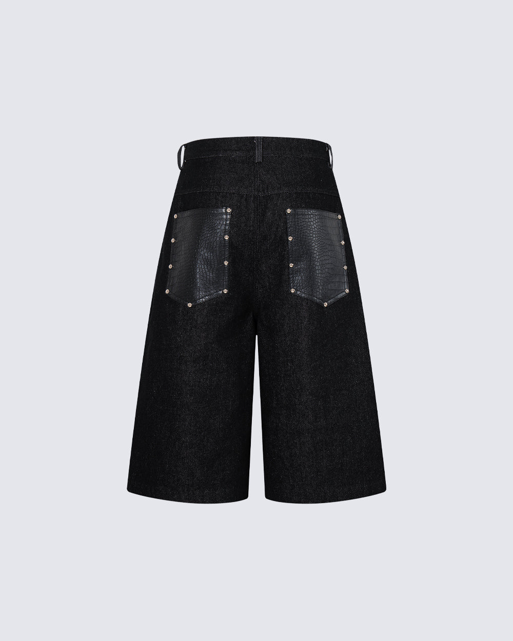 Deconstructed Wide Leg Faux Leather Denim Shorts
