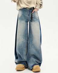 Spring Contrast Panel Wide-Leg Denim Jeans