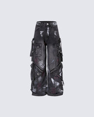 Deconstructed Graffiti Strap Cargo Jeans